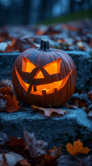 Glowing jack-o'-lantern on stone steps with fallen leaves