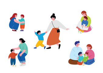 子供と接する女性のイラストセット
