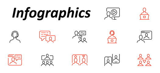 Infographics set icon. Headsets, video displays, user avatars, chat bubbles, browser windows, online speakers, group discussions, and interface layouts using linear communication symbols.
