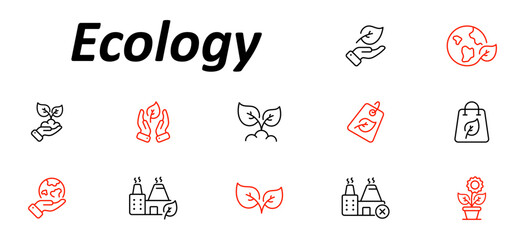 Ecology set icon. Includes hands holding leaves, globe with leaf, leaf tag, eco bag, sprouting plants, factories with emissions, and symbols of sustainability and pollution.