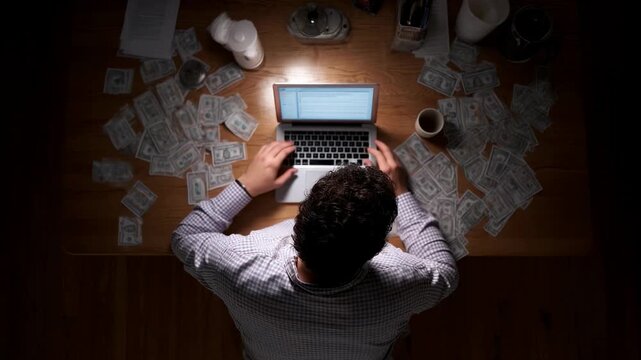 Person working on laptop surrounded by cash on a wooden table in a dimly lit room at night