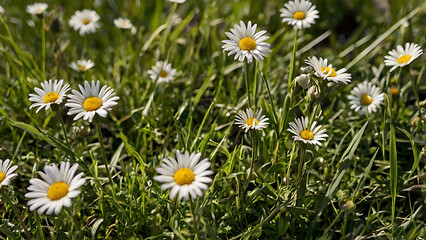 Fototapeta premium Grassy Field with Scattered Pink and White Flowers in Warm Sunlight – Close-Up Nature Scene Featuring Peaceful Atmosphere, Serene Glow, and Soft Focus for Botanical Beauty, 4K image 