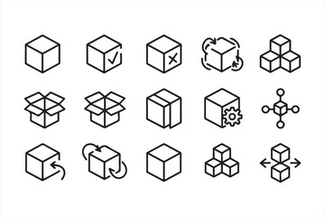 Black and White Packaging and Box Icons for Logistics, Storage, and Delivery