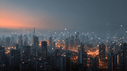 Fototapeta premium Modern smart city skyline at night with glowing lights digital network futuristic technology urban development innovation business growth concept