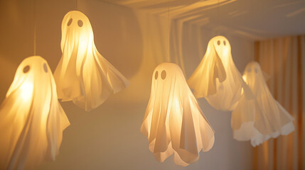 Hanging ghost decorations glowing in warm indoor light