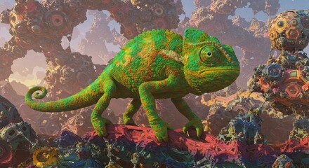 Naklejka premium Surreal encounter: A vibrant chameleon amidst fantastical structures, a digital odyssey