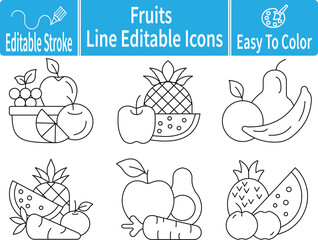Fruit line editable icon set featuring pineapple, apple, pear, banana, watermelon, grapes, orange slice, and carrot. Perfect for healthy food, drink, and nutrition themes.