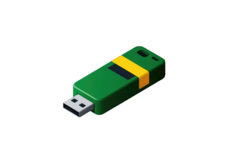 Isometric illustration of a dark-green USB flash drive with a yellow accent stripe.  The drive is angled slightly, showing both the connector and top