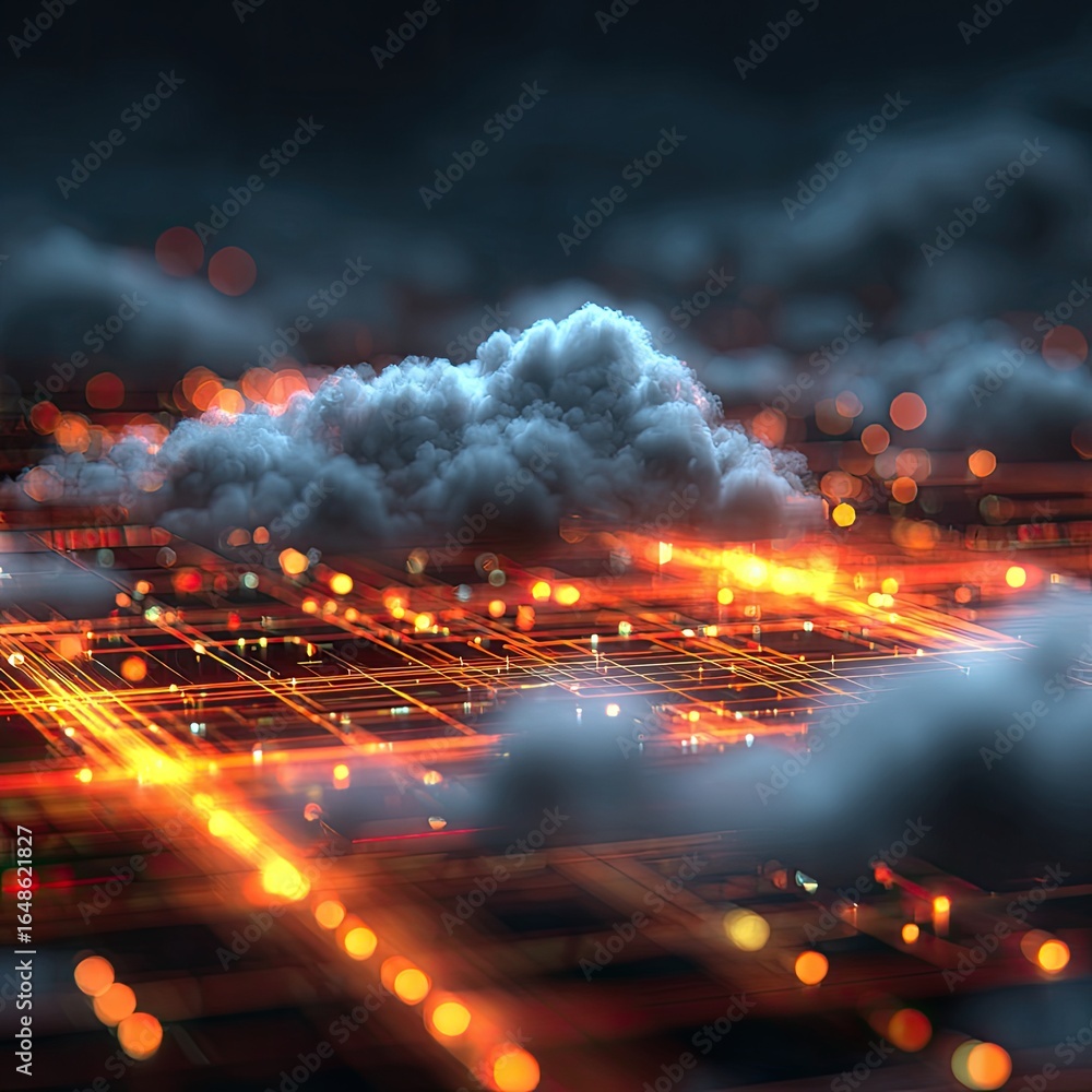 Poster abstract digital cloud computing, glowing network