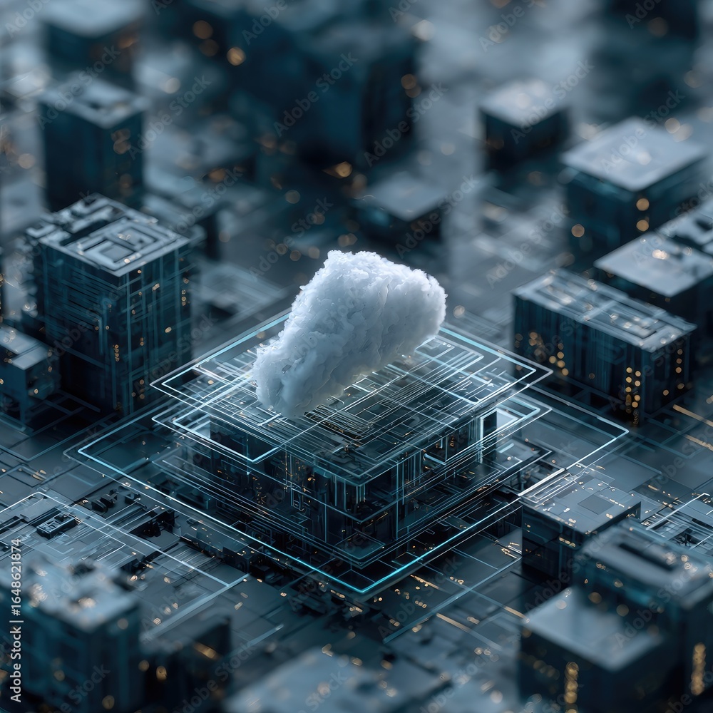 Poster abstract cityscape with a cloud-like object centered on a circuit board