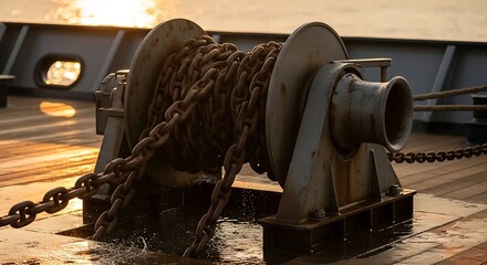 Anchor winch mechanism with heavy chain on a ship's deck at sunset creates a rustic ambiance