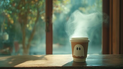 Hot beverage in a ghost cup with steam indoors.