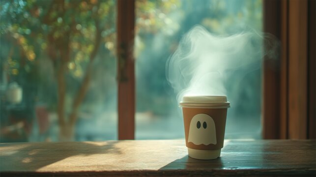 Hot beverage in a ghost cup with steam indoors.