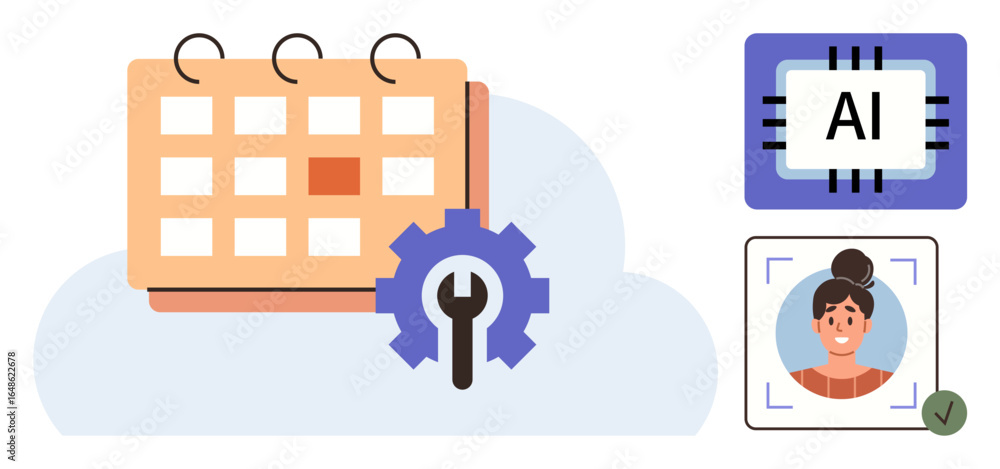 Poster calendar with automation gear on cloud, ai chip, facial recognition tech. ideal for scheduling, tech