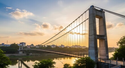 Fototapeta premium A majestic suspension bridge stretches across the waterway, illuminated by the soft hues of sunset
