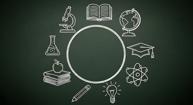 Chalkboard learning illustration featuring science and academic icons surrounding a circle space