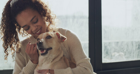 Happy woman, dog or hug with love for animal care, adoption or best friend at indoor shelter. Female person, customer or adopt with pet or embrace for canine welfare, trust or support in doggy center