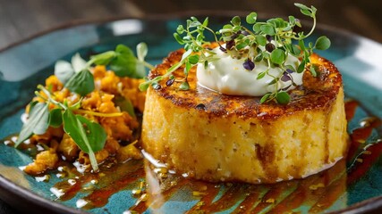 Ultra HD An exquisite polenta creation, adorned with microgreens and a dollop of cream, served alongside a vibrant vegetable medley, exemplifying fine dining and culinary excellence, cake video