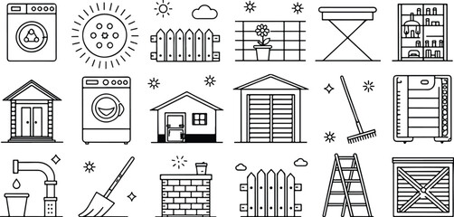 Household Chores and Home Maintenance Icons Collection with Laundry Machines and Gardening Tools in Black and White