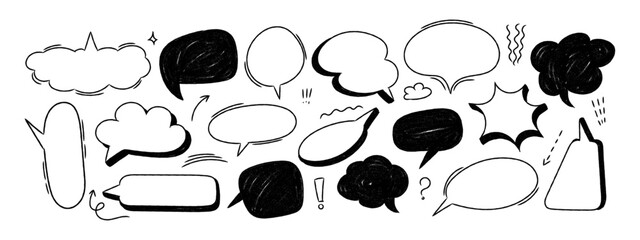 Fototapeta premium Hand drawn crayon speech balloon set with colorful rough texture. Cartoon comic talk bubbles in doodle style. Vector dialog frames.