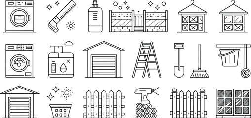 Household cleaning and maintenance outline icons set for website and print projects representing various tasks and tools