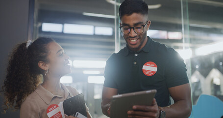 Animal shelter, people and online with tablet for pet info, website update and application review. Happy, volunteers and digital tech at rescue center for adoption system, charity NGO and teamwork