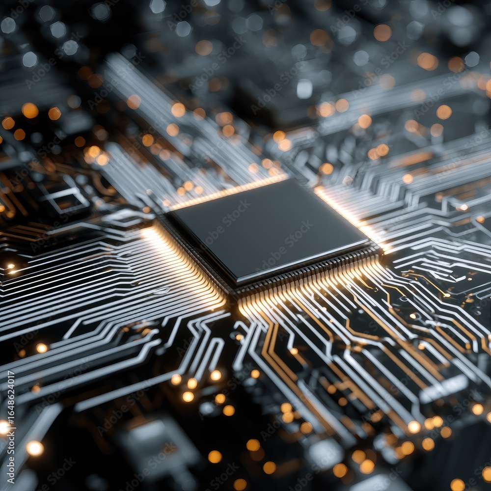Fototapete close-up view of a complex circuit board with a central processor chip, highlighted by golden lines 