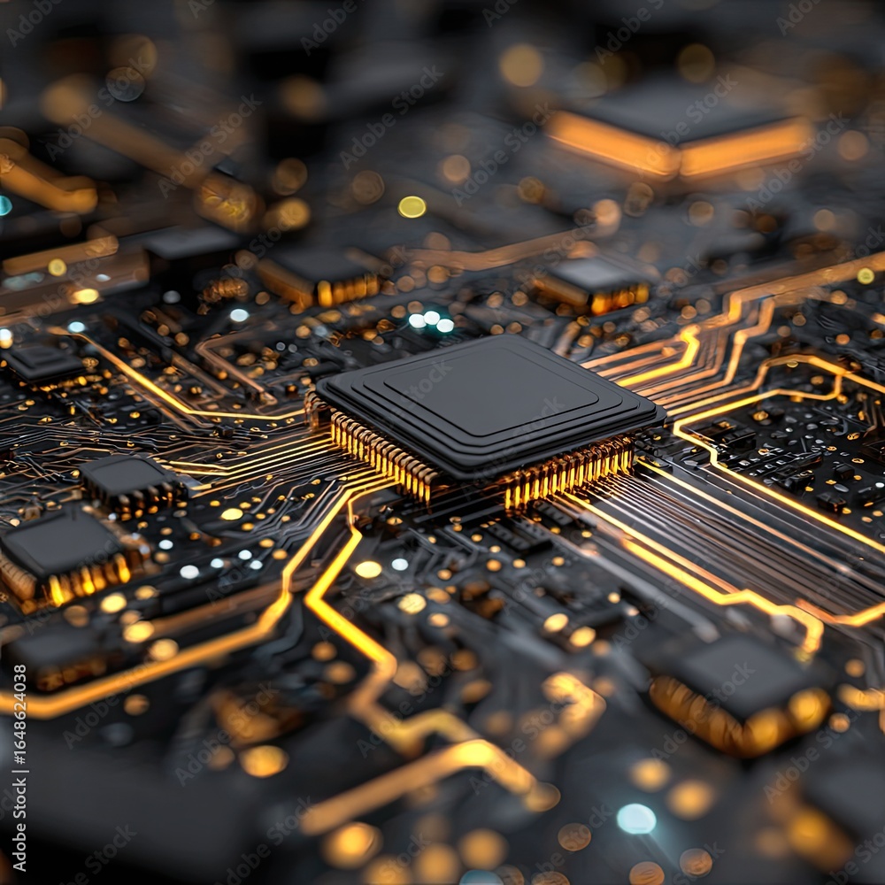 Poster close-up of a circuit board with a central processor chip, highlighted by glowing orange/gold lines