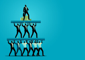 Conceptual illustration of social class hierarchy and economic inequality. Pyramid of working class supports the upper class, and the wealthy elite stands at the top with stacks of money.