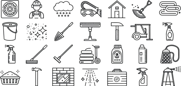 Collection of assorted house maintenance and repair tools depicted as simple line icons for various handyman jobs and cleaning tasks