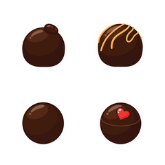 Four brown chocolate truffles with different toppings and designs on white background