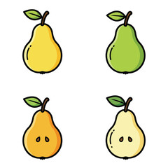 Four colorful pears with leaves on a white background