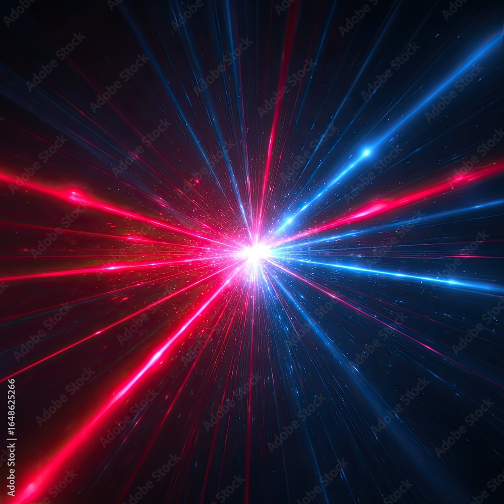 Poster red and blue light rays radiating from a central point in space