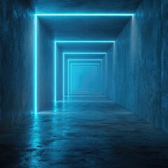 Obraz premium A dark, concrete tunnel bathed in vibrant blue neon light