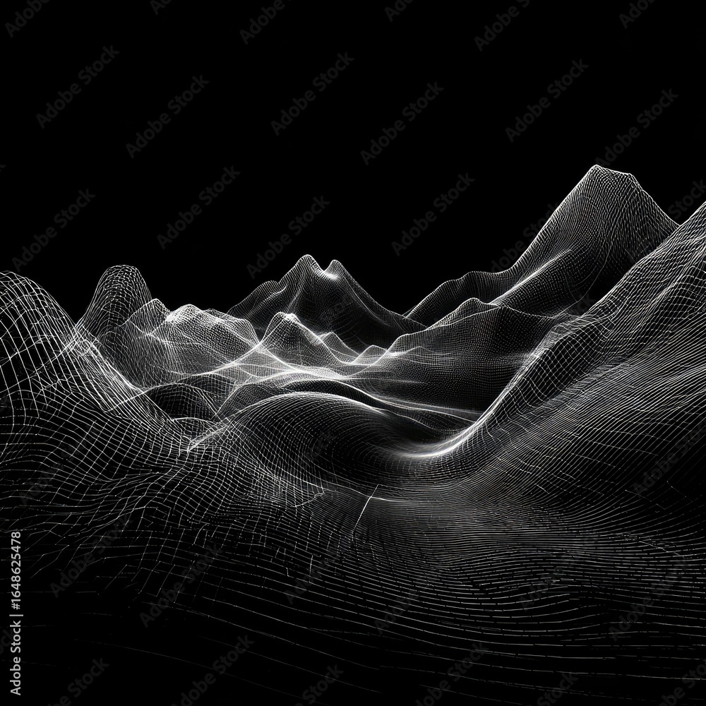 Fototapete abstract digital landscape. a grayscale, wireframe representation of mountains and valleys. the imag
