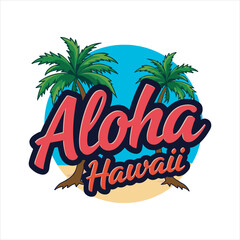 Obraz premium Aloha Tropical Beach Logo Design,Hawaii Palm Tree Sunset Vector,Summer Vacation Retro Badge,Island Paradise Travel Emblem,Beach Adventure Vintage Illustration,Tropical Coastline Graphic Design