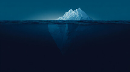 A stunning panoramic view of a massive blue iceberg floating in the frigid sea, surrounded by snow-capped mountains and a cloudy winter sky