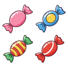 Colorful cartoon candies in wrapped pieces on white background