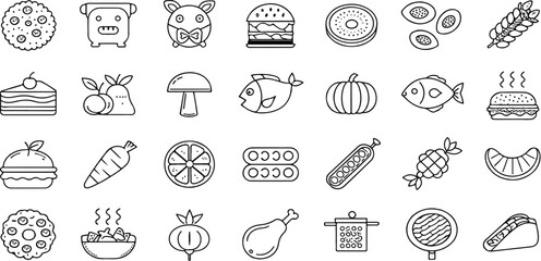 Collection of various food items in line art style representing diverse culinary options and meal possibilities on white background
