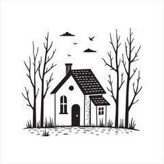 Cozy Cabin in Pine Forest Vector Illustration,Vintage Forest Cabin House Black and White Art,Rustic Wooden Cabin with Pine Trees Vector Design,Hand Drawn Cottage in the Woods Illustration