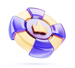 Purple poker game chip with golden crown. Render 3d icon of vip token, casino money. Glass holographic gambling currency, magenta neon coin. Wager in roulette, blackjack or baccarat. 3D illustration