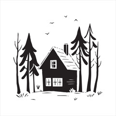 Cozy Cabin in Pine Forest Vector Illustration,Vintage Forest Cabin House Black and White Art,Rustic Wooden Cabin with Pine Trees Vector Design,Hand Drawn Cottage in the Woods Illustration