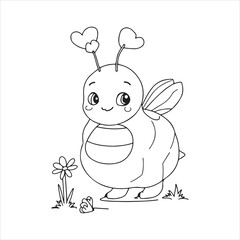 Cute Bee Cartoon Character Vector Illustration,Smiling Bee with Flower Black and White Drawing,Adorable Insect Character Line Art for Kids,Happy Bee Cartoon Outline Vector Illustration