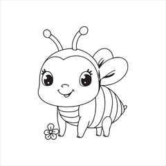 Cute Bee Cartoon Character Vector Illustration,Smiling Bee with Flower Black and White Drawing,Adorable Insect Character Line Art for Kids,Happy Bee Cartoon Outline Vector Illustration