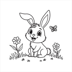 Cute Bunny Coloring Page for Kids,Cartoon Rabbit Outline for Coloring Book,Adorable Baby Bunny Line Art Drawing,Spring Bunny with Flowers Coloring Sheet,Happy Bunny in Garden Vector Illustration