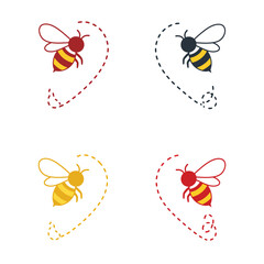 Colorful bee icons with dotted lines forming hearts around them