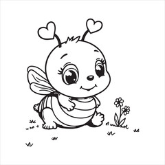 Cute Bee Cartoon Character Vector Illustration,Smiling Bee with Flower Black and White Drawing,Adorable Insect Character Line Art for Kids,Happy Bee Cartoon Outline Vector Illustration