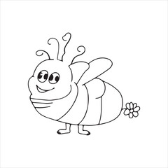 Cute Bee Cartoon Character Vector Illustration,Smiling Bee with Flower Black and White Drawing,Adorable Insect Character Line Art for Kids,Happy Bee Cartoon Outline Vector Illustration
