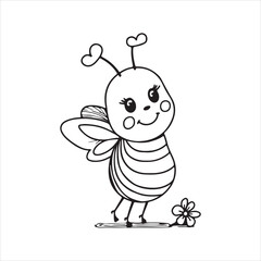 Cute Bee Cartoon Character Vector Illustration,Smiling Bee with Flower Black and White Drawing,Adorable Insect Character Line Art for Kids,Happy Bee Cartoon Outline Vector Illustration
