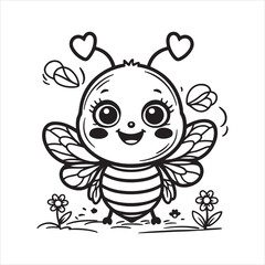Cute Bee Cartoon Character Vector Illustration,Smiling Bee with Flower Black and White Drawing,Adorable Insect Character Line Art for Kids,Happy Bee Cartoon Outline Vector Illustration